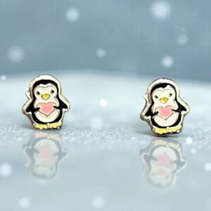 Sterling Silver Studs Penguin w Heart Earrings New Childrens Small Cute Earrings